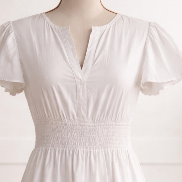 Mable White Cotton Midi Dress Smocked Waist Tiered Flutter Sleeve - Picture 2 of 7